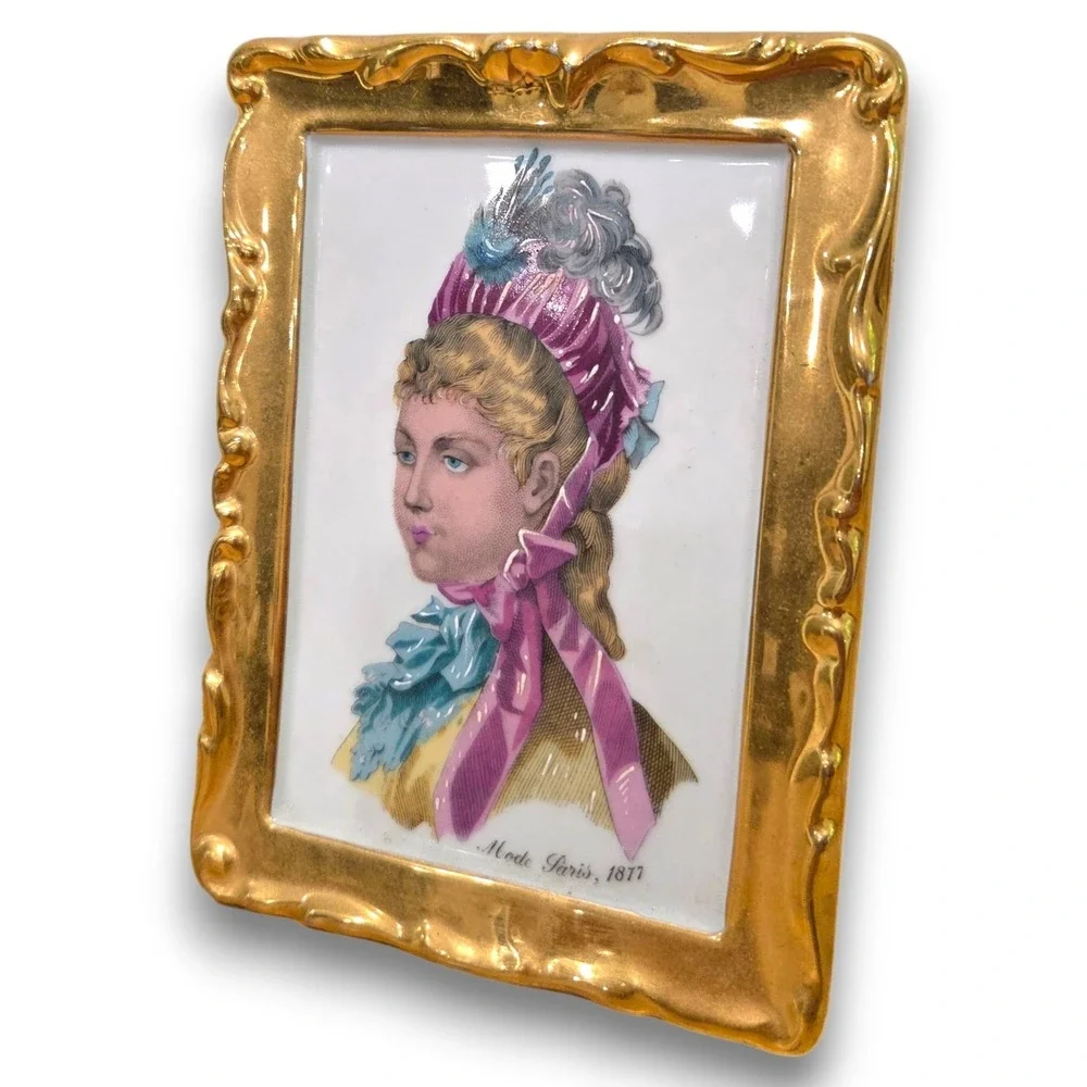 Vintage F M Limoges France Porcelain Hand Painted Picture Portrait Gilded 6''